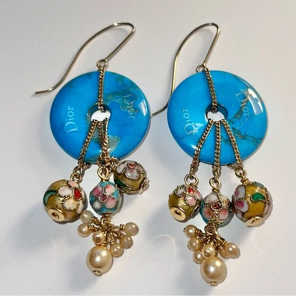 AUTH VTG 2006 Christian Dior Gold Hook Drop Dangle Blue Gemstone Boho Earrings - Picture 4 of 11